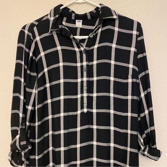 Old Navy woman’s black white Plaid Flannel tunic button pullover shirt dress S - Picture 2 of 10